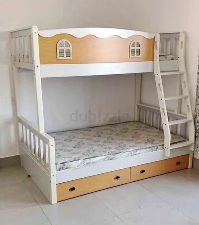 White wooden bunk bed for kids with storage drawers and ladder brand new with mattress