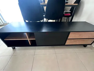 Modern low TV cabinet/media console with drawers and open shelving