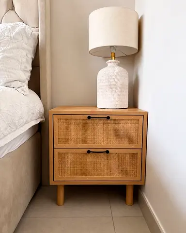 2 Rattan Front Wooden Bedside Tables / Nightstand - 2 Drawer storage
