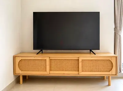 Rattan TV Unit / Media Console - Light Wood, 3 Doors