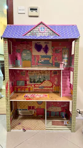 Large Wooden Three-Story Dollhouse with Stairs