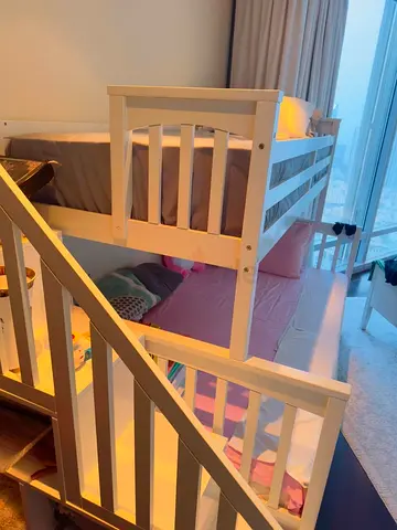White wooden bunk bed for kids - sturdy double bed