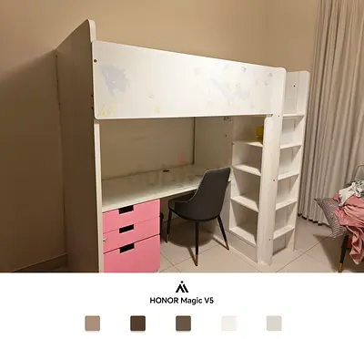 Giving away a white loft bed, complete with an integrated desk, shelving, and a pink drawer unit – i