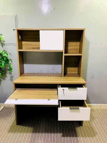 Compact wooden study desk with hutch and lockable drawers