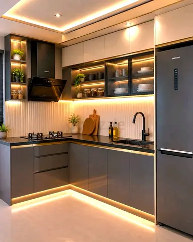 Modern L-shaped Grey Kitchen Cabinets with LED Accent Lighting