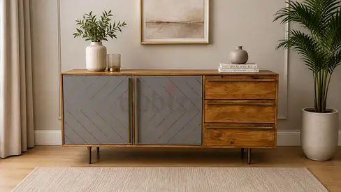 Titan Inlayed Cement Sideboard In Natural Wood And Brass