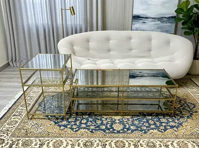 West Elm Gold and Glass Coffee Table & Side Table Set — Modern Elegant Pair