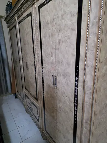 Large ornate 6-door bedroom wardrobe - beige marble finish