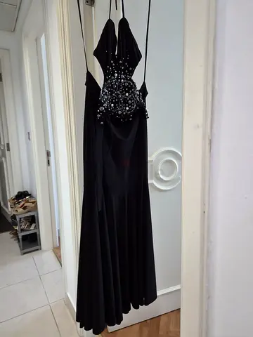Black spaghetti-strap evening dress, with open back, long flowy style, super comfortable