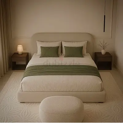 Queen bed frame with headboard, two bedside tables and rug - neutral set