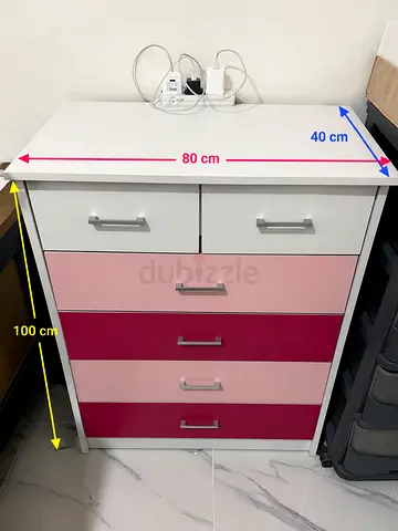 White and Pink 5-Drawer Chest — 80x40x100 cm, Good Condition