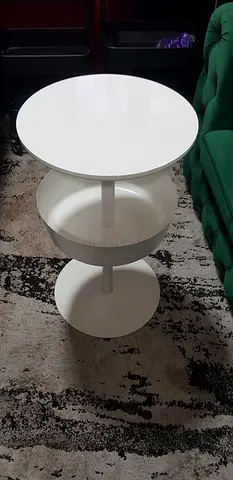White round side table with middle shelf - modern bedside/end table