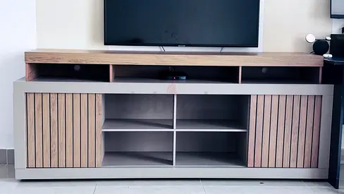 Modern TV Entertainment Unit with Sliding Slat Doors - Light Oak/Grey