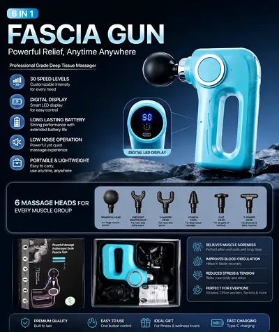 Portable Fascia Massage Gun — 30 Speed Deep Tissue Massager (6 Heads)