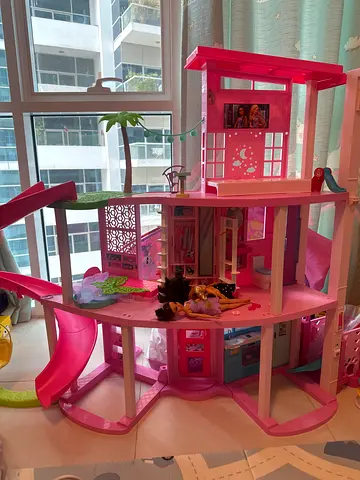 Large Pink Wooden Dollhouse Playset with Slide and Furniture