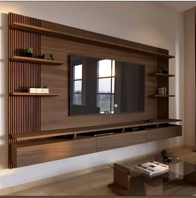 Wall-mounted TV Entertainment Unit with Shelves - Walnut Finish
