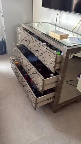 King Size Upholstered Bed with mattress, 2 side table , 1 big cabinet and ottoman.