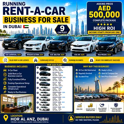 RUNNING RENT-A-CAR BUSINESS FOR SALE IN DUBAI 9-CAR FLEET + VALID LICENCE + FURNISHED OFFICE