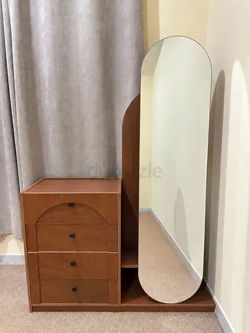 Bed with two side tables, dresser with full-length arched mirror  and Ottoman
