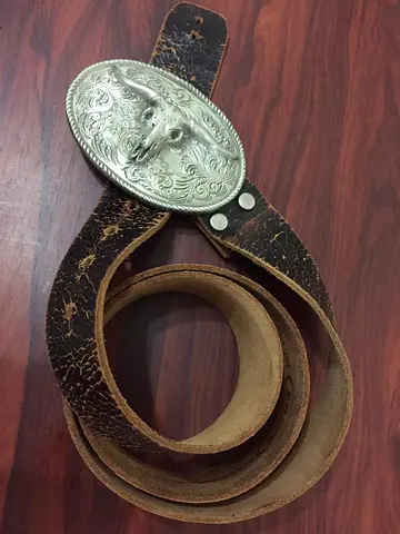 Vintage Leather Belt with Bull Skull Buckle