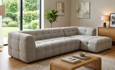 Light grey tufted modular L-shaped sofa (plush boucle) - good condition
