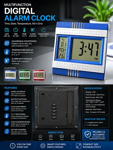 Multifunction Digital Alarm Clock with Temperature & Calendar Display