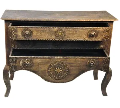 The one Antique-style Wooden Chest of Drawers with Carved Metal Detailing