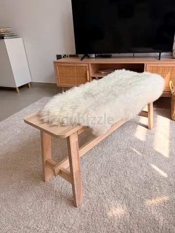 Ikea Norraker Wooden bench with sheepskin seat cover - light beige, excellent condition