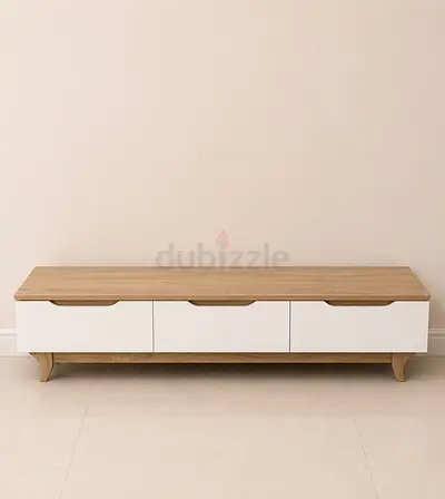 Modern TV Stand with Three Drawers in Light Wood and White Finish