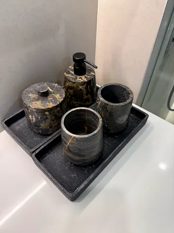Luxury stone and marble bathroom accessory set – soap dispenser, jars and tray
