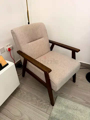 Beige Fabric Armchair with Wooden Frame - Good Condition (2 pieces available)