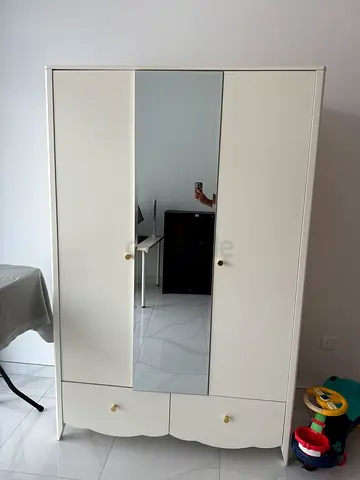 White 3-Door Wardrobe with Mirror - Good Condition