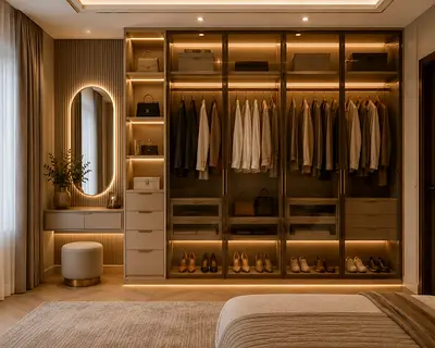 Built-in Walk-in Wardrobe with Glass Doors and LED Lighting