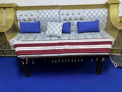 Used Decorative Wooden Bench with Cushions and Tassels