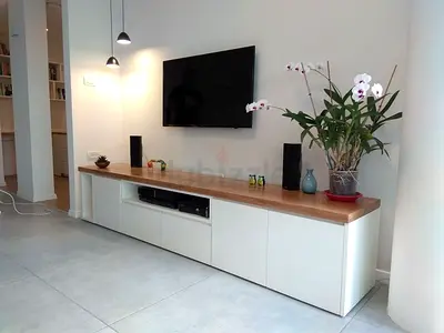 Modern TV Unit with Wood Top and White Cabinets