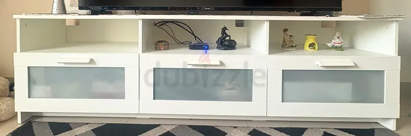 White TV Entertainment Unit with Frosted Glass Drawers - Good Condition