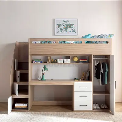 Wooden loft bunk bed with desk, drawers and wardrobe - single bed with stairs.