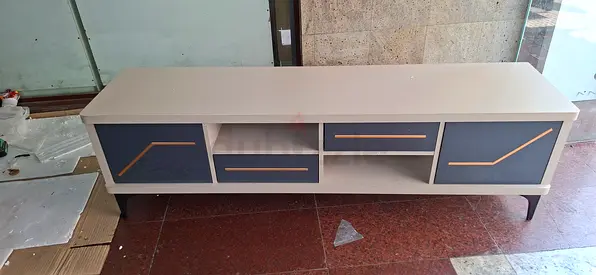 TV table 160cm length/ Media Console with Drawers and Open Shelves - White & Grey