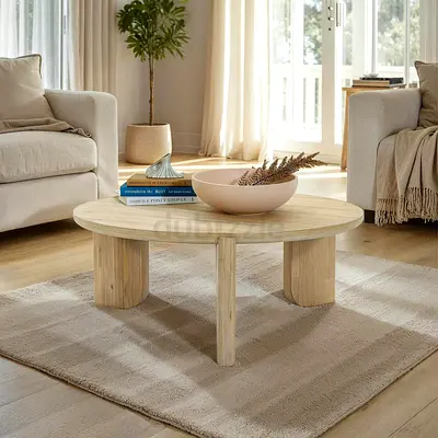 Pan home Round Solid Wood Coffee Table — Natural Light Finish