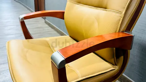 2 x Luxury brand mustard leather office visitor chair with wooden arms and sled base