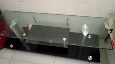 Glass TV Stand/Tea poy with Black Base and Metal Columns - Good Condition