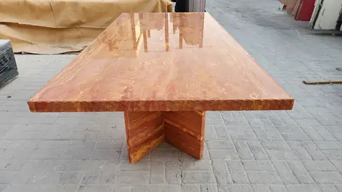 Solid Red travertine Dining Table with Cross Base - Large Rectangular