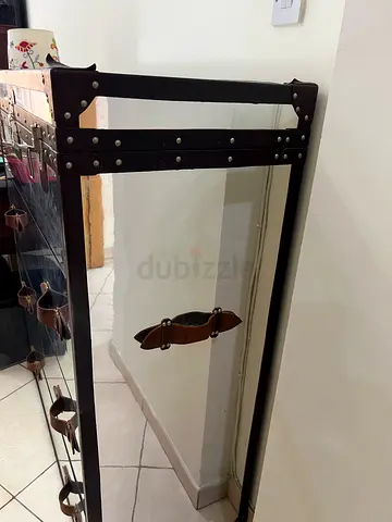 Glass and Metal Display Cabinet with Leather Accents
