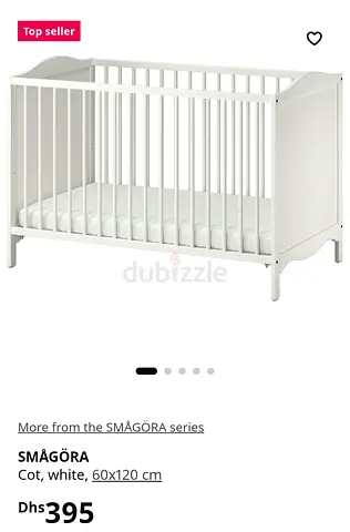 White Baby Cot SMÅGÖRA 60x120 cm - Solid Wooden Crib
