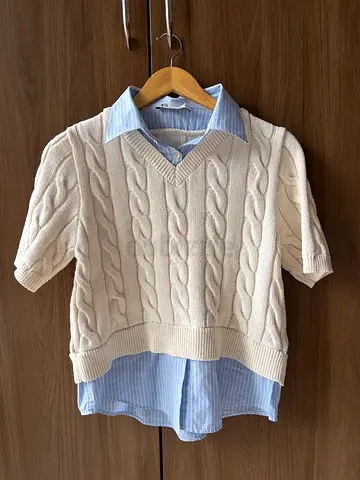 Zara Cable Knit Vest with Integrated Striped Shirt