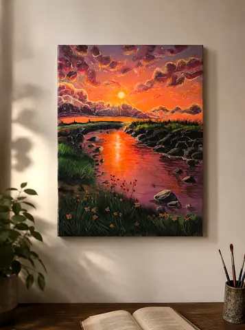 Original landscape painting — where the sun meets the river (40x60 )cm