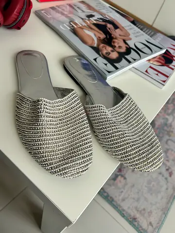Silver crystal-embellished slip-on mules, barely worn, size 40