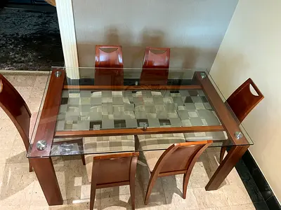 Wood and Glass Dining Table with 6 Chairs - Good Condition
