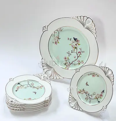 Set of 7 Antique Decorative Ceramic Coasters/Plate Holders with Floral Motif
