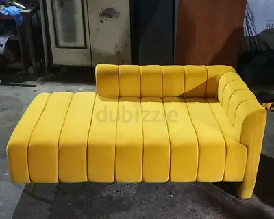 Yellow L-shaped velvet chaise lounge / small sofa